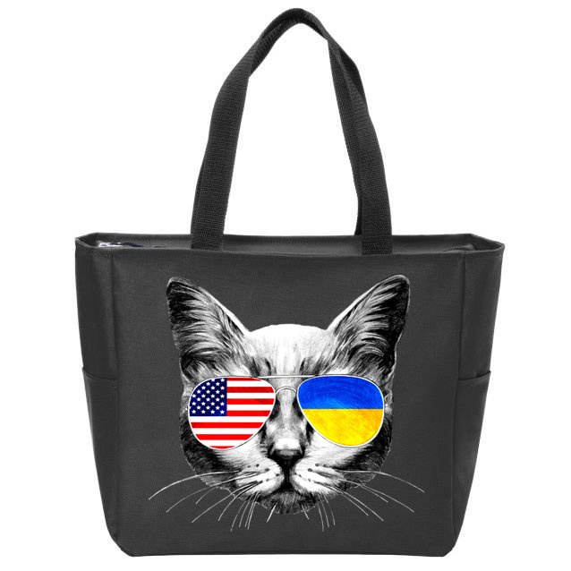 USA Ukraine Flags Sunglasses Cat Zip Tote Bag