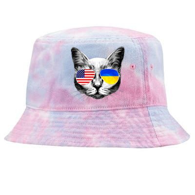 USA Ukraine Flags Sunglasses Cat Tie-Dyed Bucket Hat