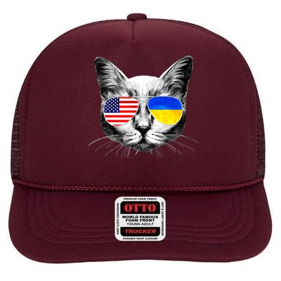 USA Ukraine Flags Sunglasses Cat High Crown Mesh Back Trucker Hat