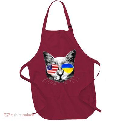 USA Ukraine Flags Sunglasses Cat Full-Length Apron With Pockets