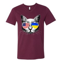 USA Ukraine Flags Sunglasses Cat V-Neck T-Shirt