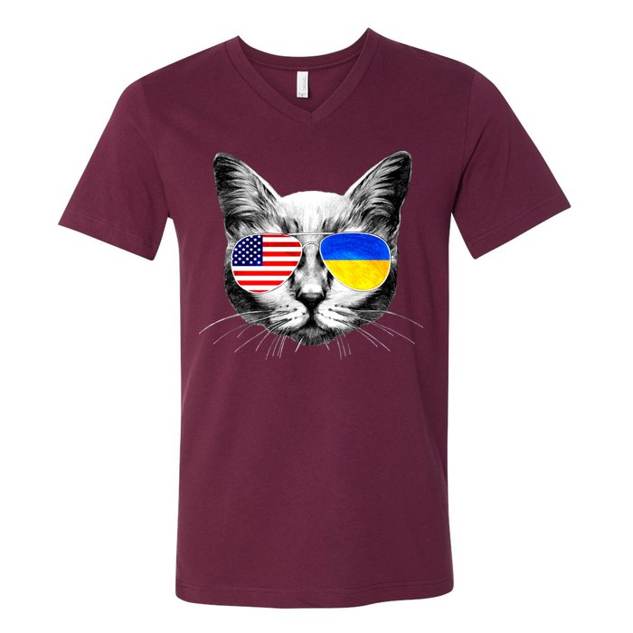 USA Ukraine Flags Sunglasses Cat V-Neck T-Shirt