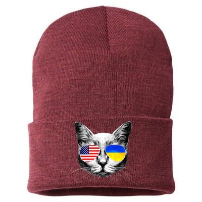 USA Ukraine Flags Sunglasses Cat Sustainable Knit Beanie