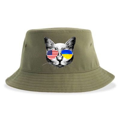 USA Ukraine Flags Sunglasses Cat Sustainable Bucket Hat