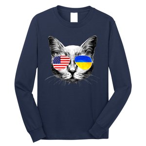 USA Ukraine Flags Sunglasses Cat Long Sleeve Shirt