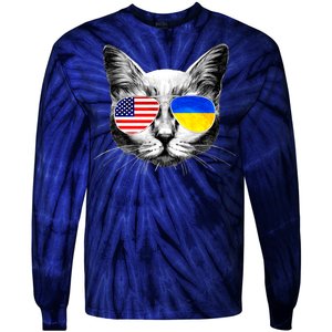 USA Ukraine Flags Sunglasses Cat Tie-Dye Long Sleeve Shirt