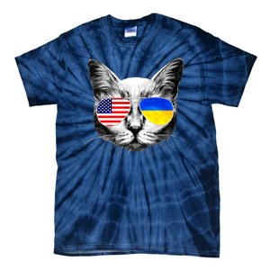 USA Ukraine Flags Sunglasses Cat Tie-Dye T-Shirt