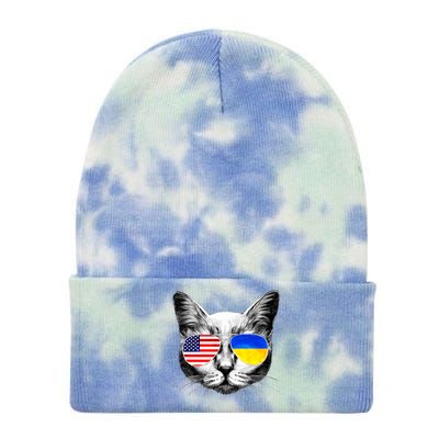 USA Ukraine Flags Sunglasses Cat Tie Dye 12in Knit Beanie