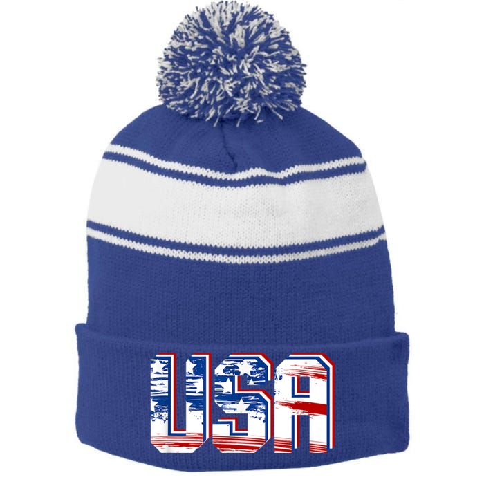 USA US Flag Patriotic 4th Of July America Stripe Pom Pom Beanie