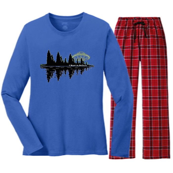 UFO UAP I Want To Believe Aliens Exist Flying Saucer Women's Long Sleeve Flannel Pajama Set 