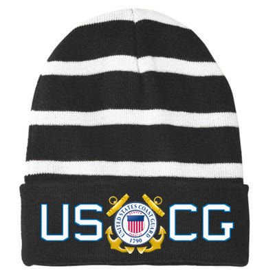 US UNITED STATES COAST GUARD USCG ANCHOR EMBLEM SEAL LOGO Striped Beanie with Solid Band