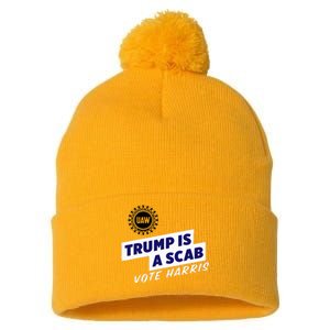 Uaw Union Trump Is A Scab Vote Kamala Harris Funny Uaw Red Pom Pom 12in Knit Beanie