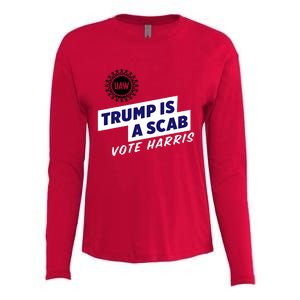 Uaw Union Trump Is A Scab Vote Kamala Harris Funny Uaw Red Womens Cotton Relaxed Long Sleeve T-Shirt