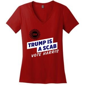 Uaw Union Trump Is A Scab Vote Kamala Harris Funny Uaw Red Women's V-Neck T-Shirt