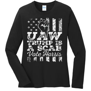 Uaw Union Trump Is A Scab Vote Kamala Harris Funny Uaw Red Ladies Long Sleeve Shirt