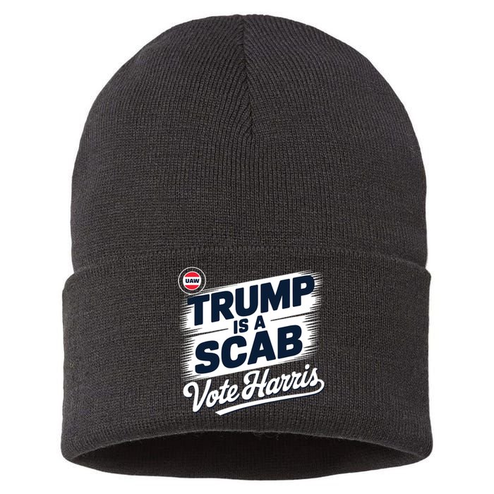 Uaw Union Trump Is A Scab Vote Kamala Harris Funny Sustainable Knit Beanie