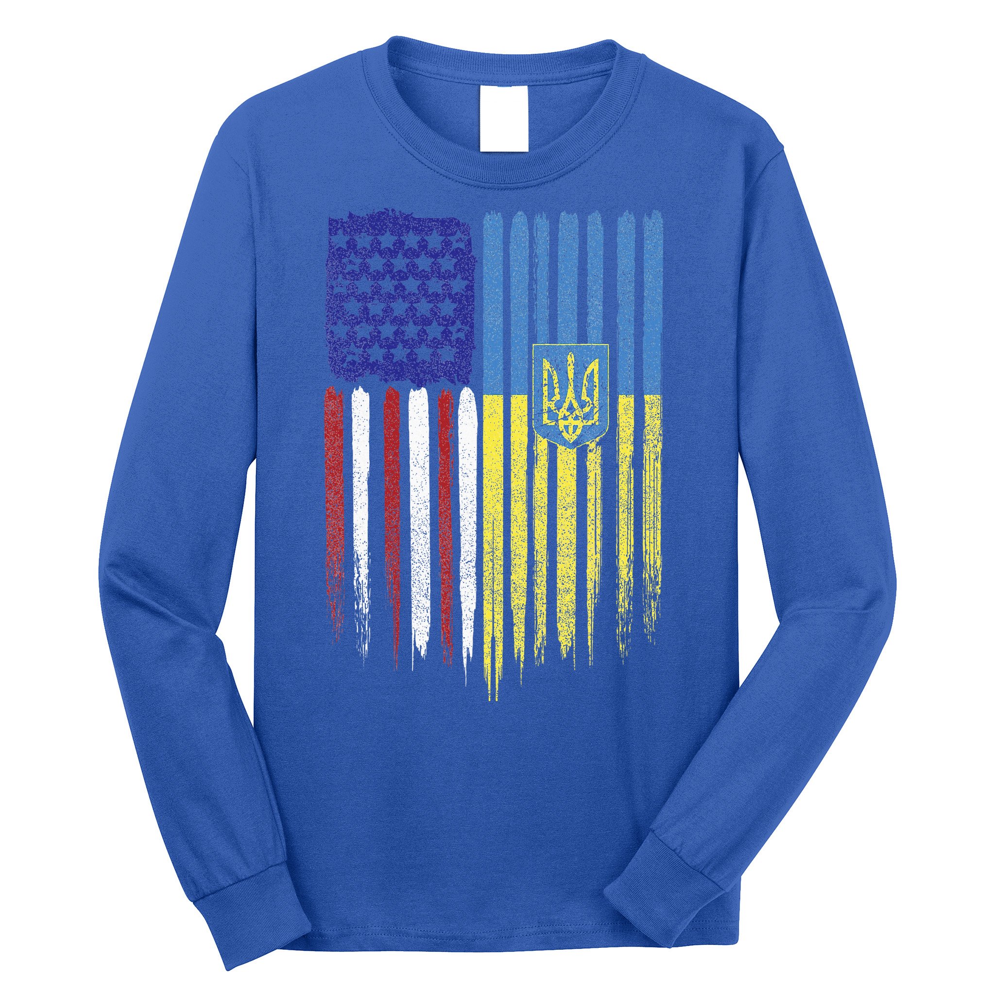 USA Ukraine Ukrainian Flag Trident Roots Retro Long Sleeve Shirt
