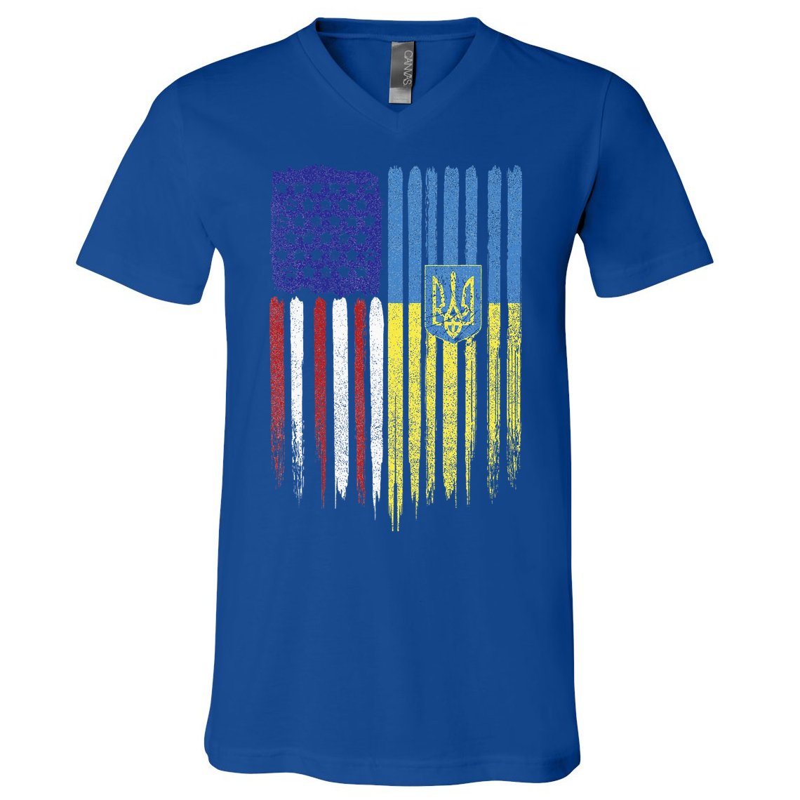 USA Ukraine Ukrainian Flag Trident Roots Retro V-Neck T-Shirt