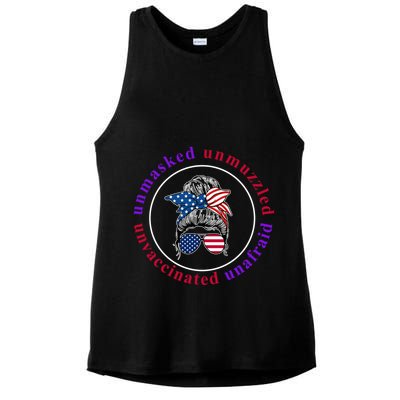 Unmasked Unmuzzled Unvaccinated Unafraid Messy Bun Ladies PosiCharge Tri-Blend Wicking Tank