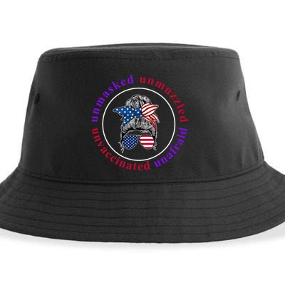 Unmasked Unmuzzled Unvaccinated Unafraid Messy Bun Sustainable Bucket Hat
