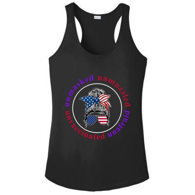 Unmasked Unmuzzled Unvaccinated Unafraid Messy Bun Ladies PosiCharge Competitor Racerback Tank