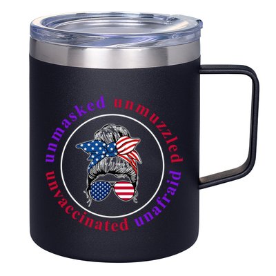 Unmasked Unmuzzled Unvaccinated Unafraid Messy Bun 12oz Stainless Steel Coffee Mug