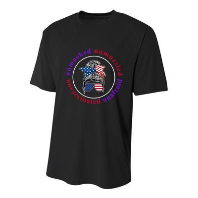 Unmasked Unmuzzled Unvaccinated Unafraid Messy Bun Youth Performance Sprint T-Shirt