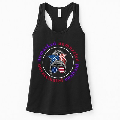Unmasked Unmuzzled Unvaccinated Unafraid Messy Bun Womens Tank Top