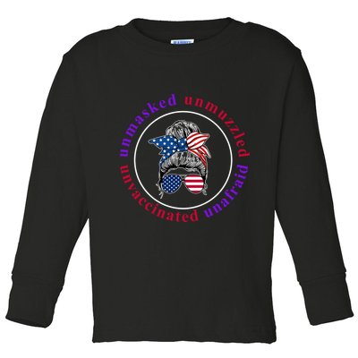 Unmasked Unmuzzled Unvaccinated Unafraid Messy Bun Toddler Long Sleeve Shirt