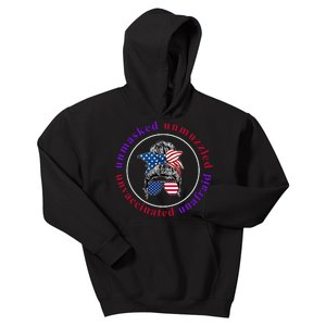 Unmasked Unmuzzled Unvaccinated Unafraid Messy Bun Kids Hoodie