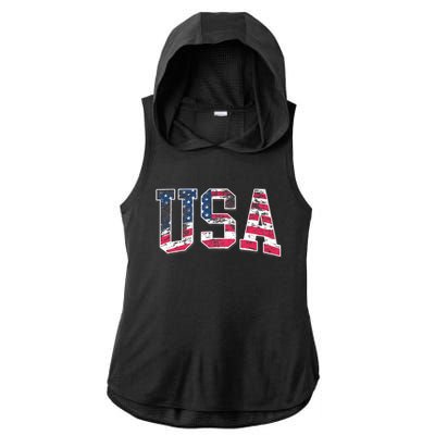 Usa Vintage American Flag 4th Of July Usa Flag Apparel Ladies PosiCharge Tri-Blend Wicking Draft Hoodie Tank