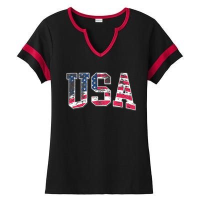 Usa Vintage American Flag 4th Of July Usa Flag Apparel Ladies Halftime Notch Neck Tee