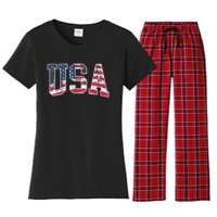 Usa Vintage American Flag 4th Of July Usa Flag Apparel Women's Flannel Pajama Set