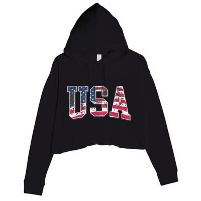 Usa Vintage American Flag 4th Of July Usa Flag Apparel Crop Fleece Hoodie