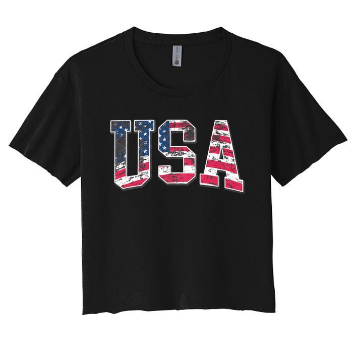 Usa Vintage American Flag 4th Of July Usa Flag Apparel Women's Crop Top Tee