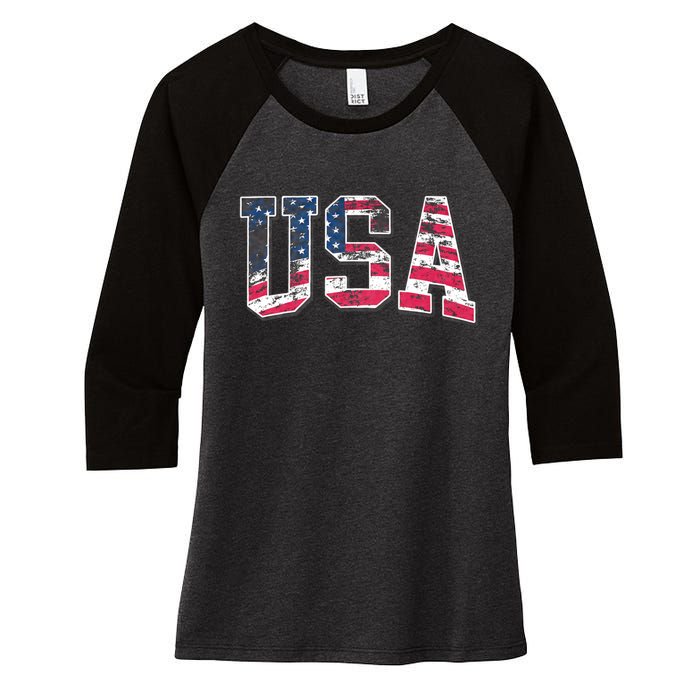 Usa Vintage American Flag 4th Of July Usa Flag Apparel Women's Tri-Blend 3/4-Sleeve Raglan Shirt