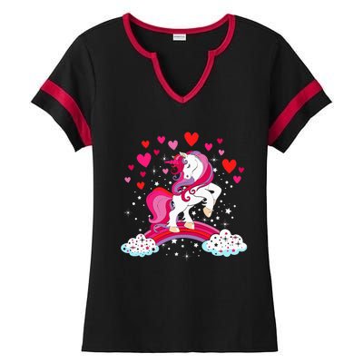 Unicorn Valentines Day Love Heart Rainbow Ladies Halftime Notch Neck Tee