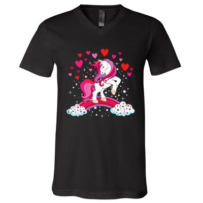 Unicorn Valentines Day Love Heart Rainbow V-Neck T-Shirt