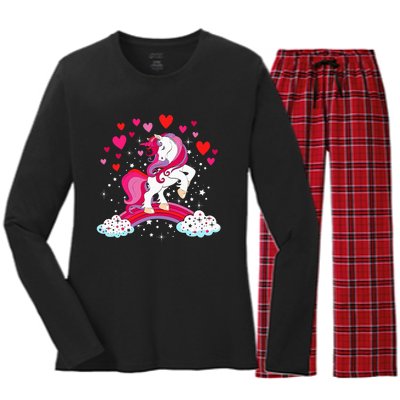 Unicorn Valentines Day Love Heart Rainbow Women's Long Sleeve Flannel Pajama Set 