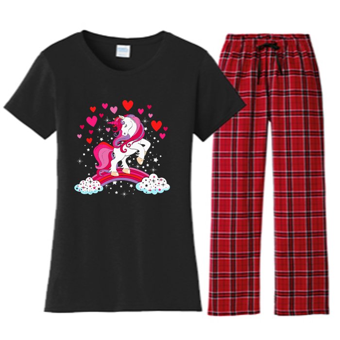 Unicorn Valentines Day Love Heart Rainbow Women's Flannel Pajama Set