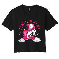 Unicorn Valentines Day Love Heart Rainbow Women's Crop Top Tee