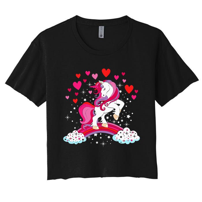 Unicorn Valentines Day Love Heart Rainbow Women's Crop Top Tee