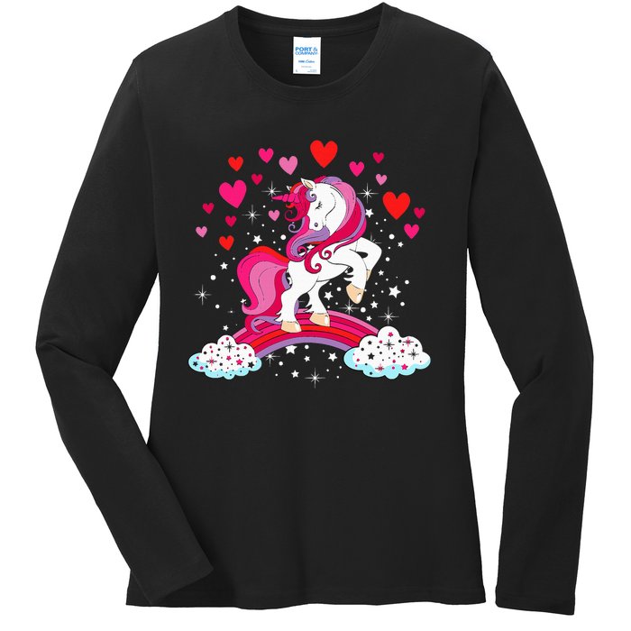 Unicorn Valentines Day Love Heart Rainbow Ladies Long Sleeve Shirt