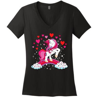 Unicorn Valentines Day Love Heart Rainbow Women's V-Neck T-Shirt