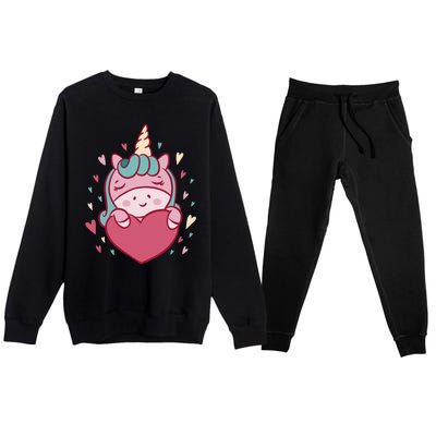 Unicorn Valentine's Day Heart Cute Gift Premium Crewneck Sweatsuit Set