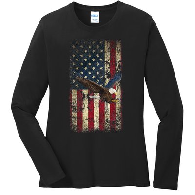 US Vintage flag for american Independence Day on 4th of July Ladies Long Sleeve Shirt