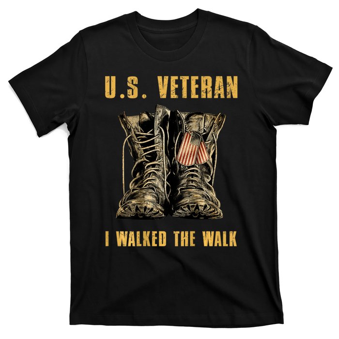 US Veteran I Walked The Walk Combat Boots Dogtag USA Flag T-Shirt