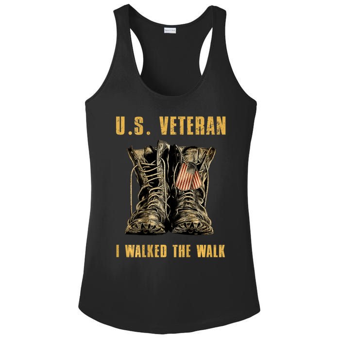 US Veteran I Walked The Walk Combat Boots Dogtag USA Flag Ladies PosiCharge Competitor Racerback Tank