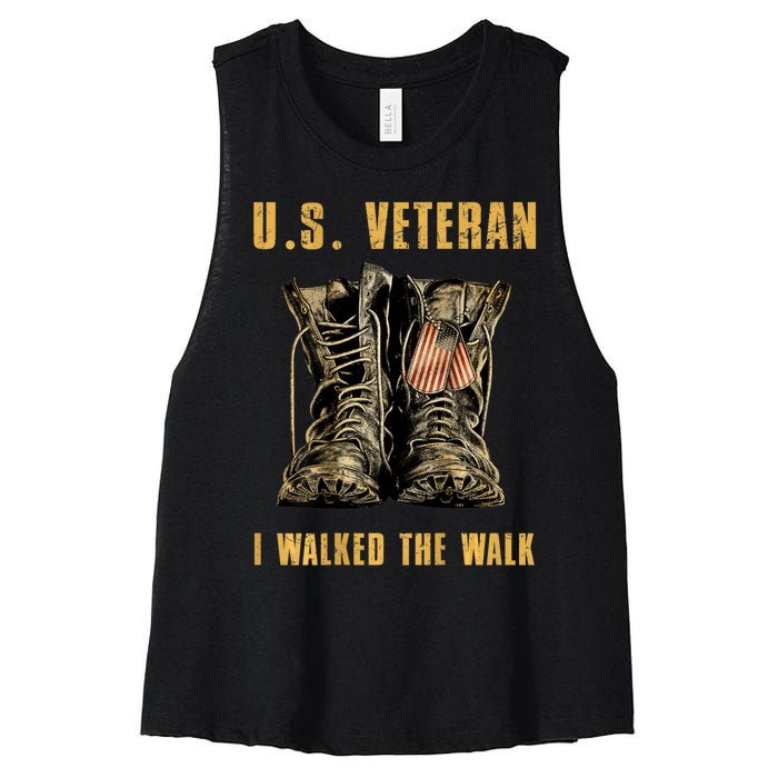 US Veteran I Walked The Walk Combat Boots Dogtag USA Flag Women's Racerback Cropped Tank