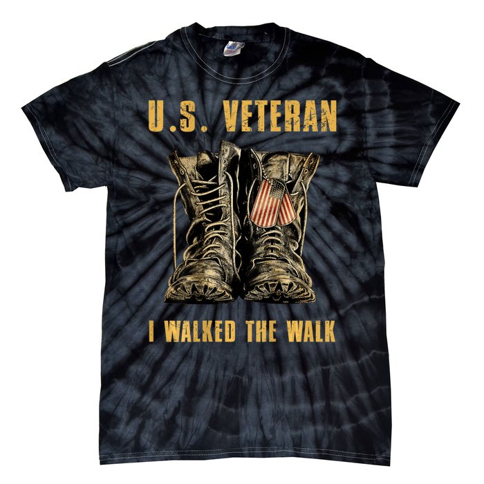 US Veteran I Walked The Walk Combat Boots Dogtag USA Flag Tie-Dye T-Shirt